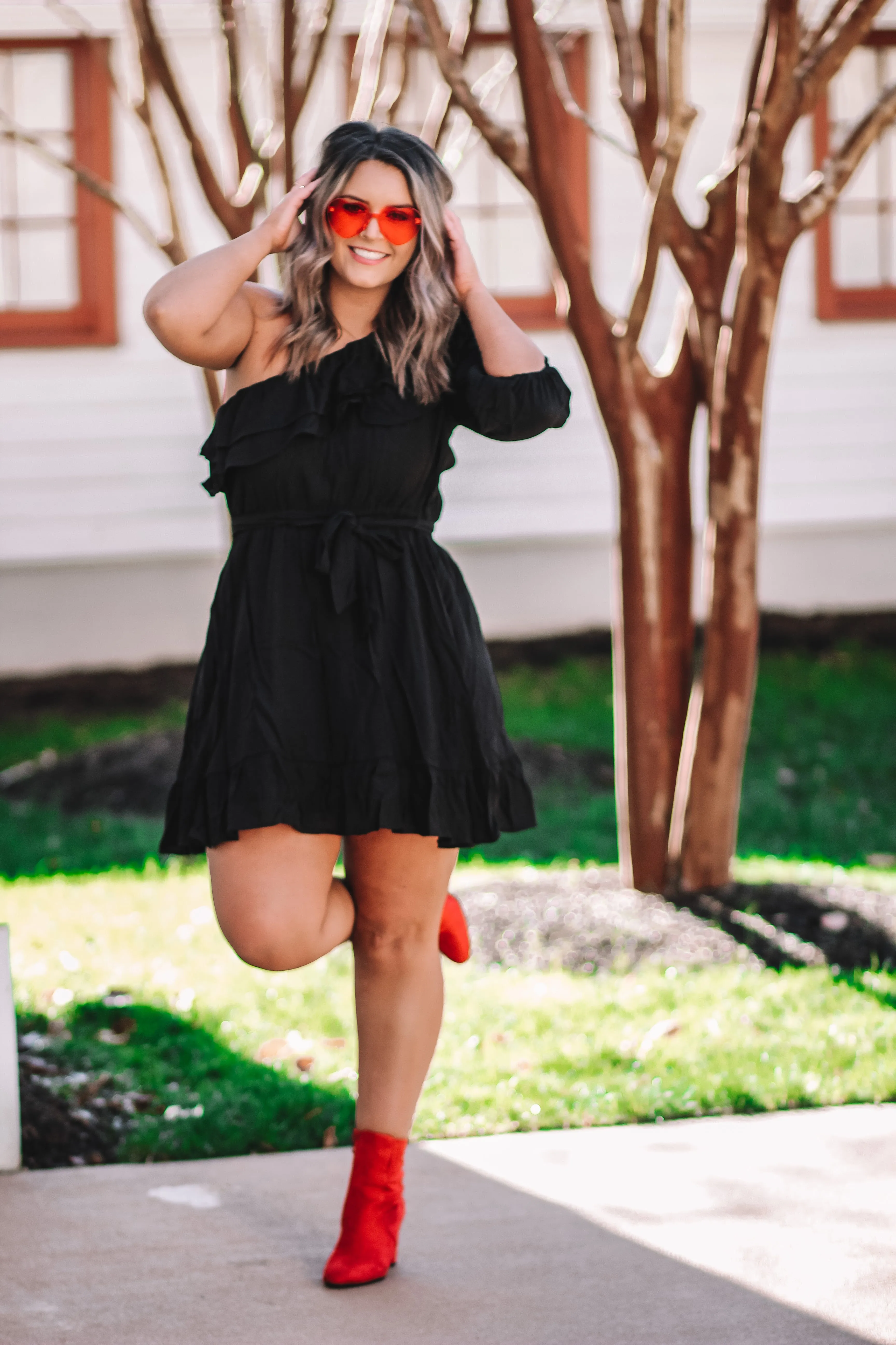 Black One Shoulder Ruffle Detail Mini Dress In Regular & Curvy