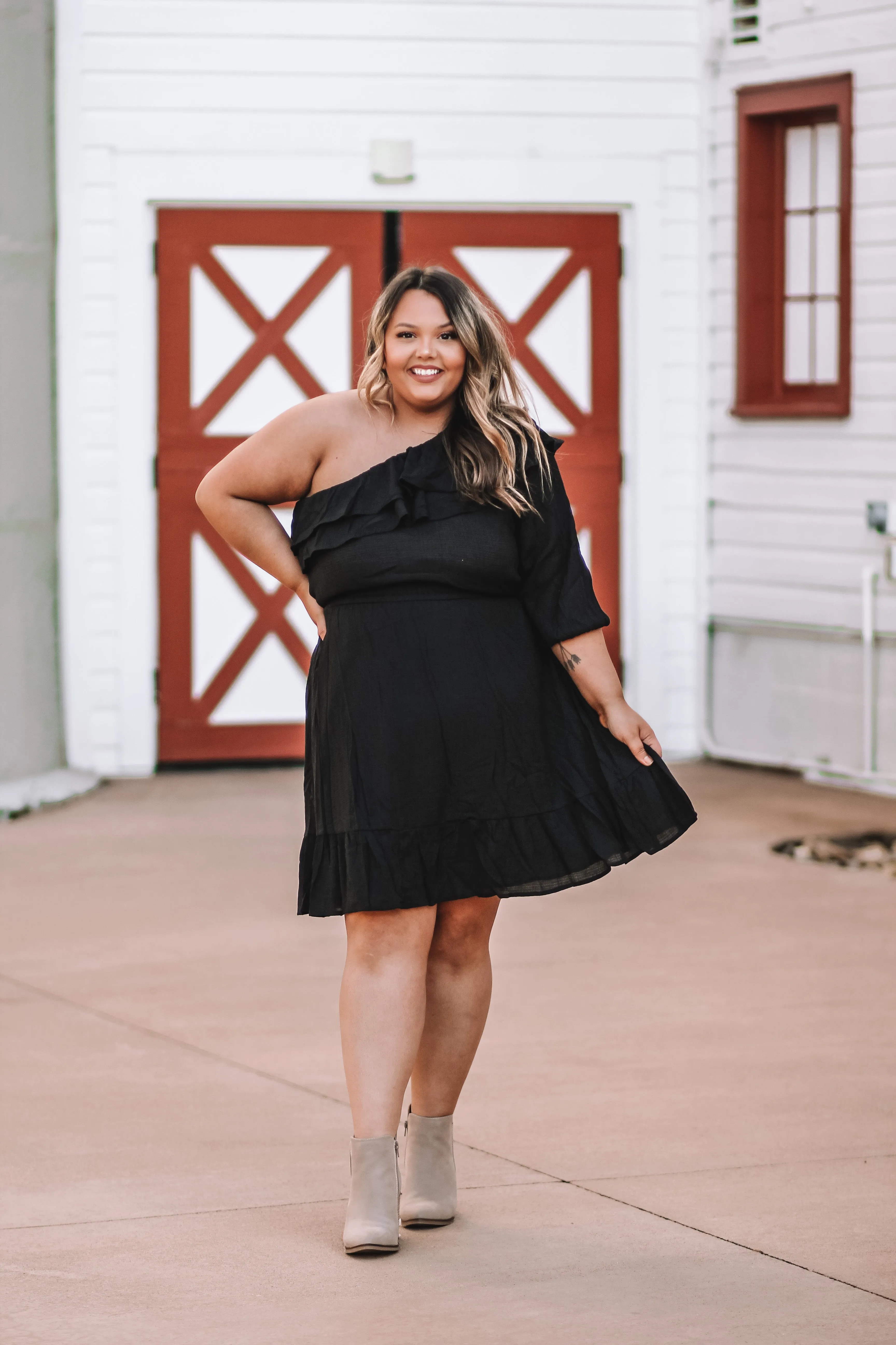 Black One Shoulder Ruffle Detail Mini Dress In Regular & Curvy