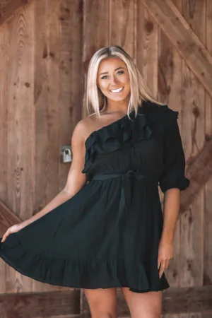 Black One Shoulder Ruffle Detail Mini Dress In Regular & Curvy