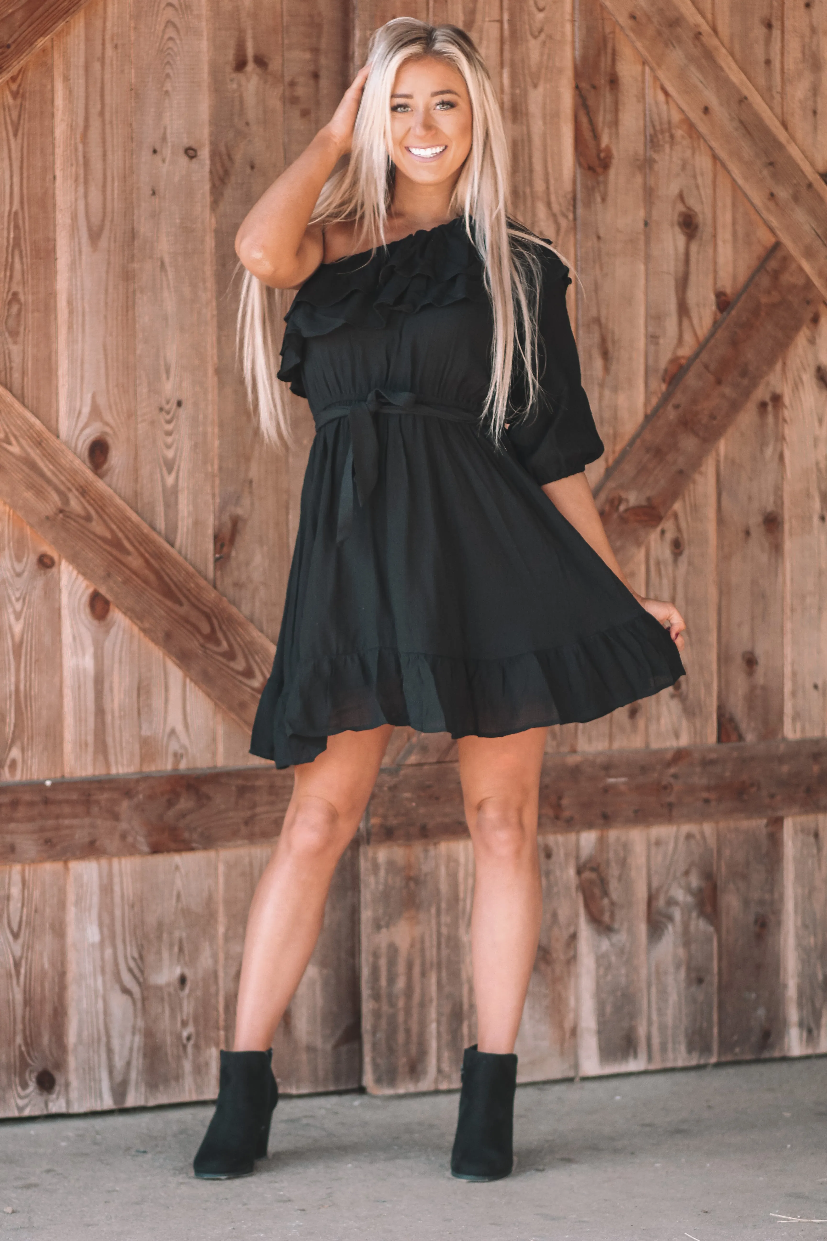 Black One Shoulder Ruffle Detail Mini Dress In Regular & Curvy
