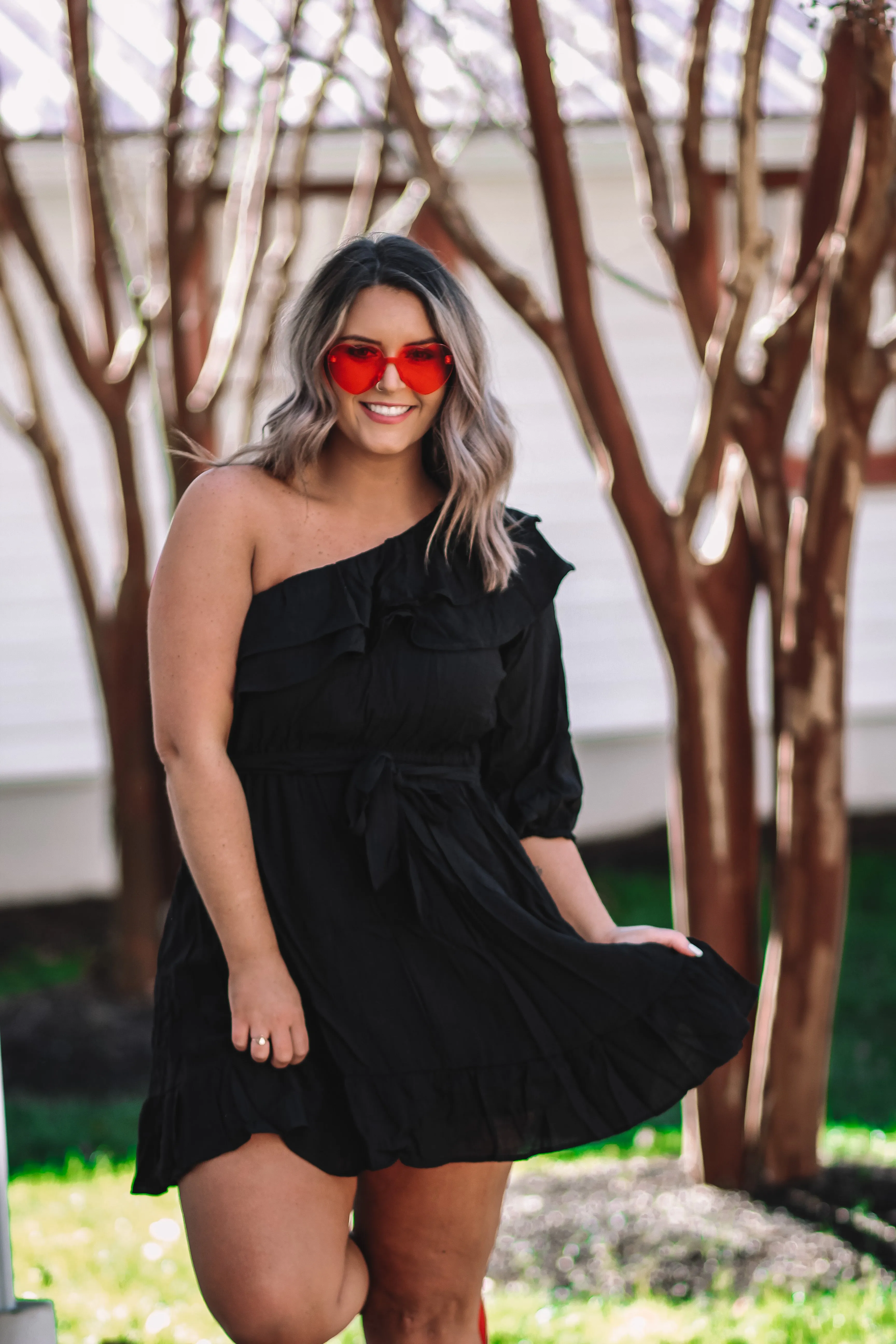Black One Shoulder Ruffle Detail Mini Dress In Regular & Curvy