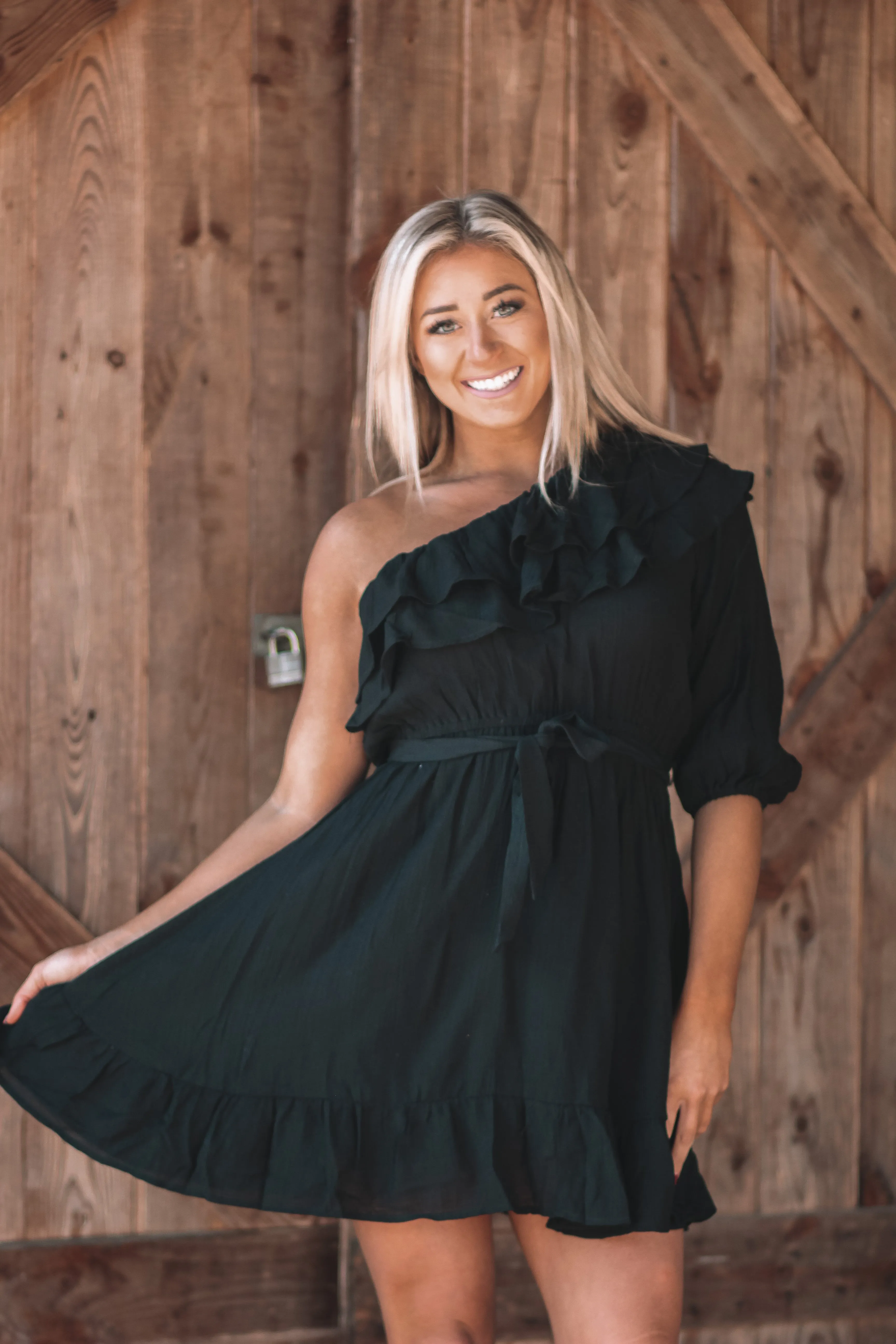 Black One Shoulder Ruffle Detail Mini Dress In Regular & Curvy