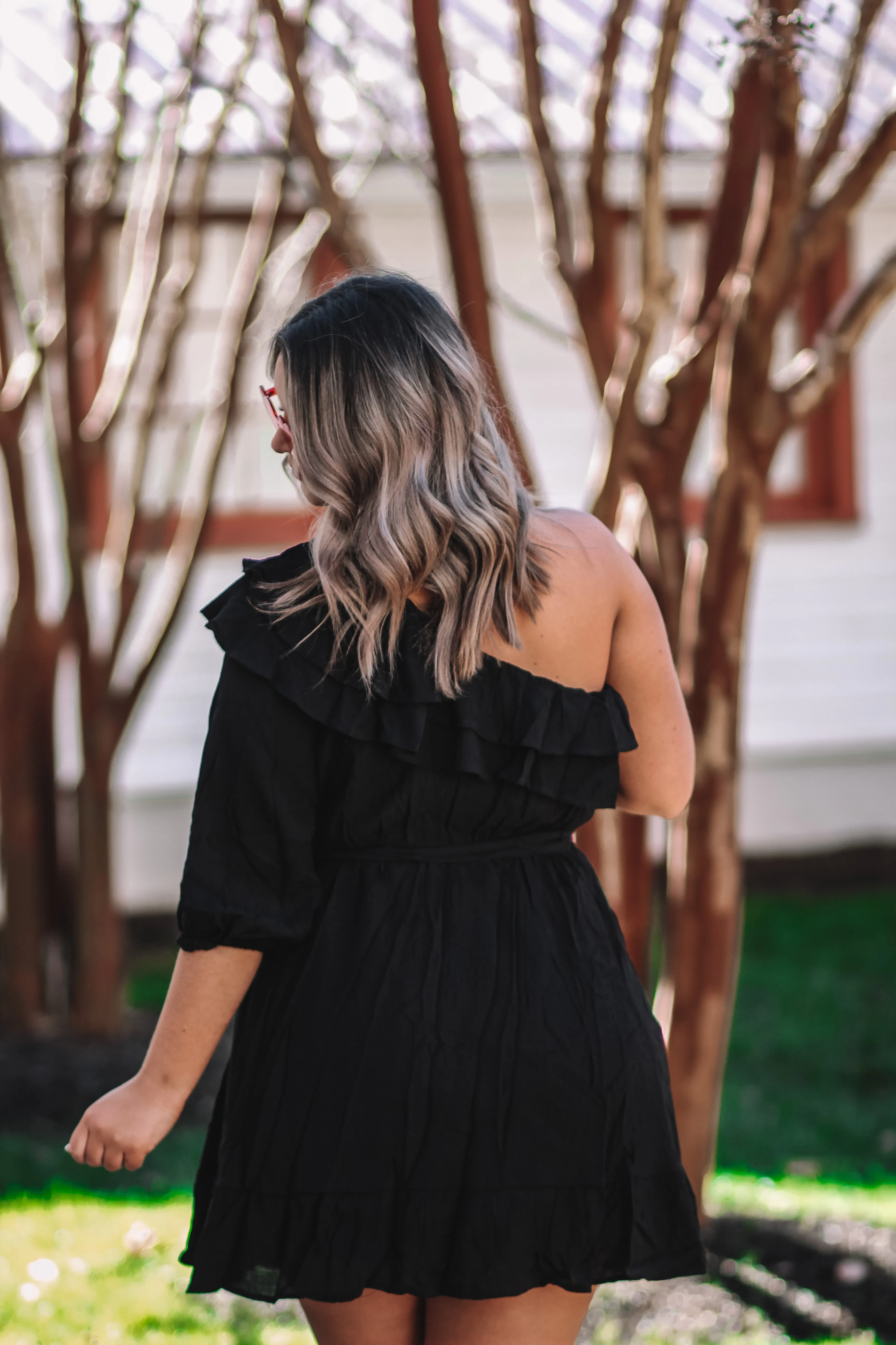 Black One Shoulder Ruffle Detail Mini Dress In Regular & Curvy
