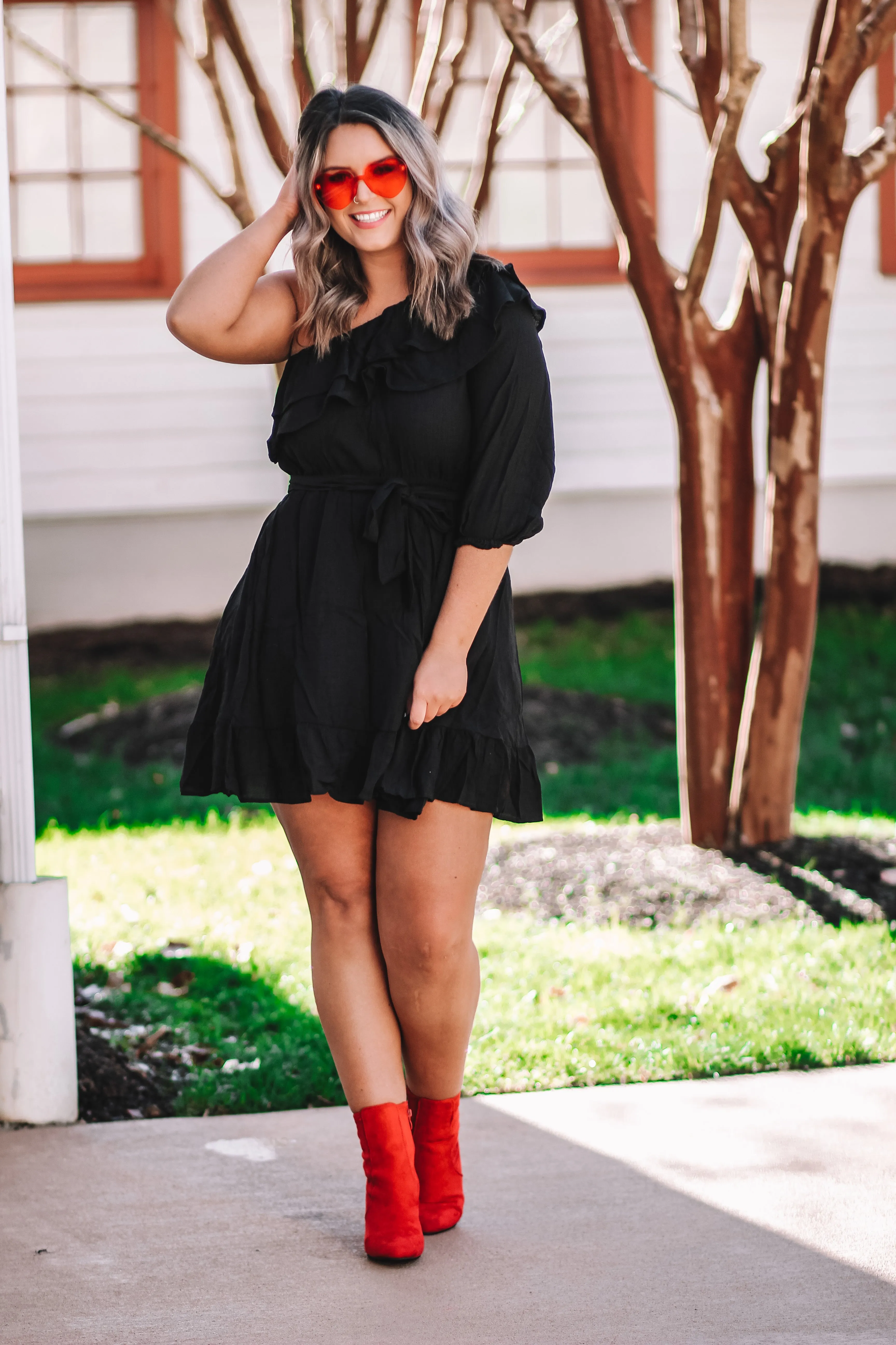 Black One Shoulder Ruffle Detail Mini Dress In Regular & Curvy