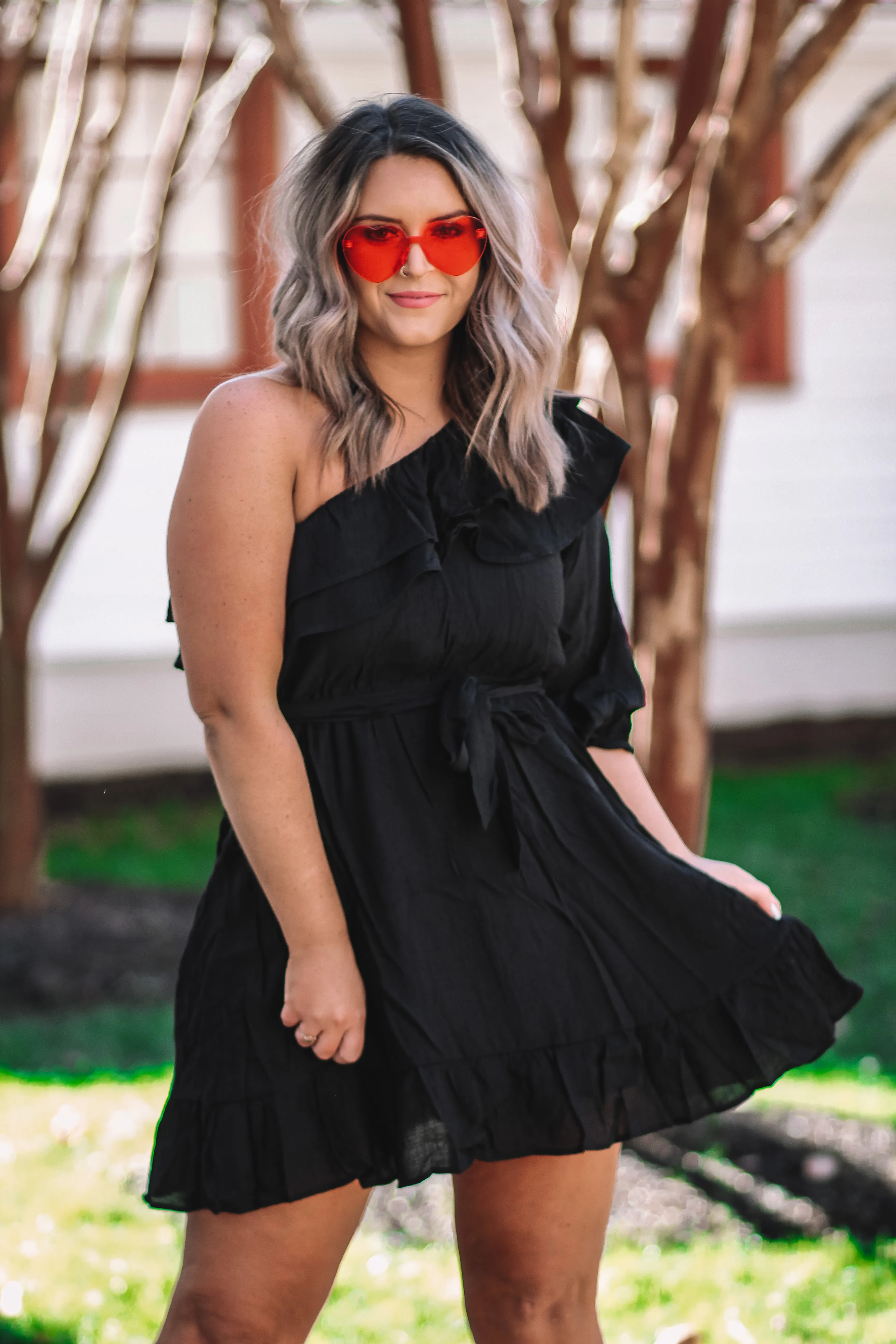 Black One Shoulder Ruffle Detail Mini Dress In Regular & Curvy