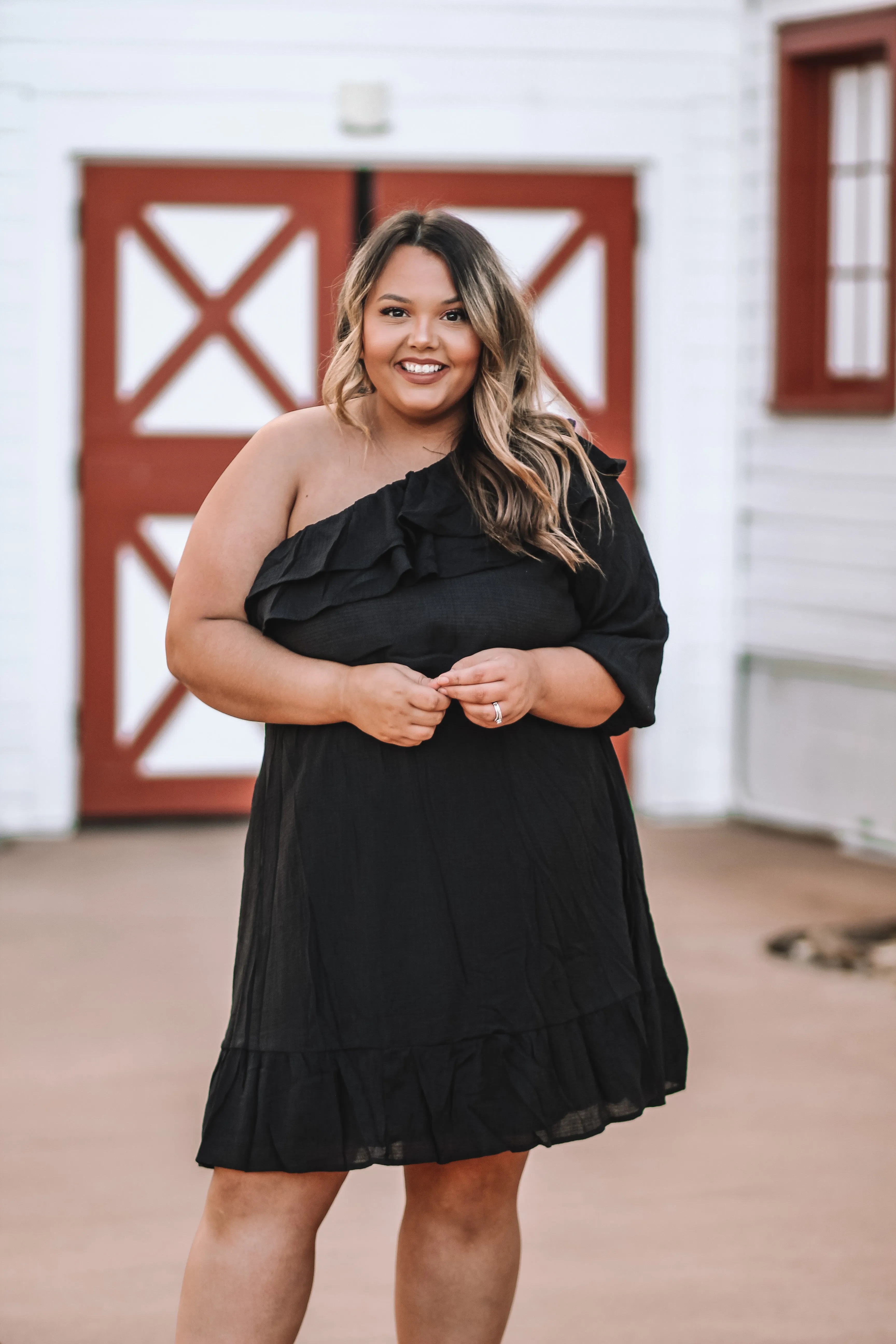 Black One Shoulder Ruffle Detail Mini Dress In Regular & Curvy