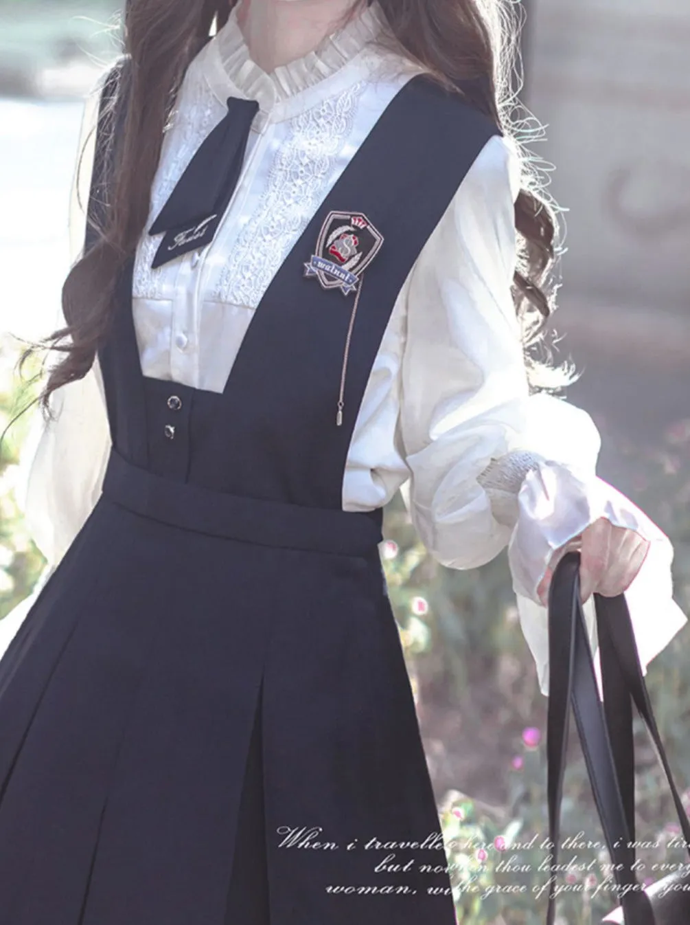 Dress Emblem   Tie   Blouse   Ruffle Retro College Beret Cyan Style Elegant Chiffon
