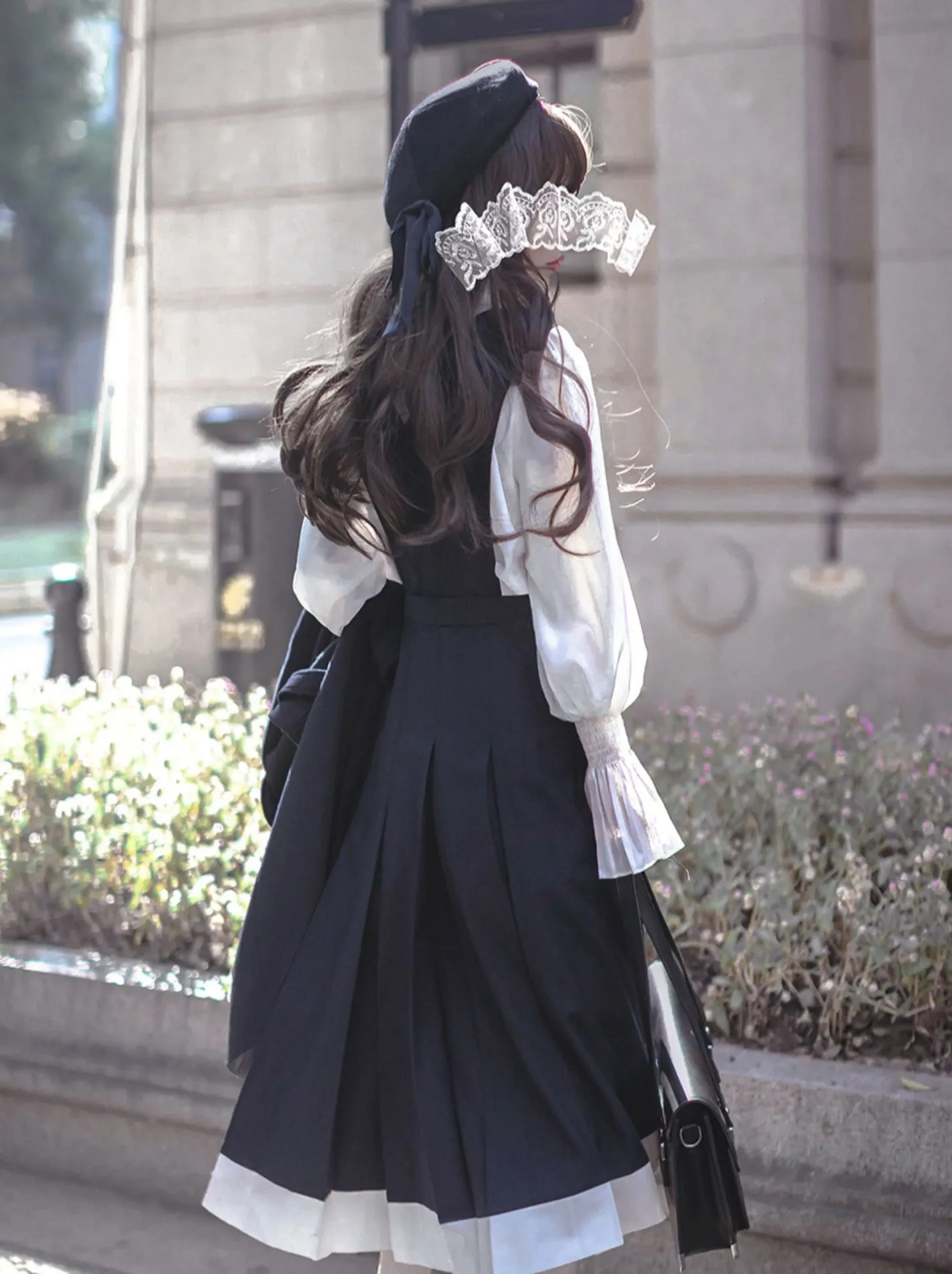 Dress Emblem   Tie   Blouse   Ruffle Retro College Beret Cyan Style Elegant Chiffon