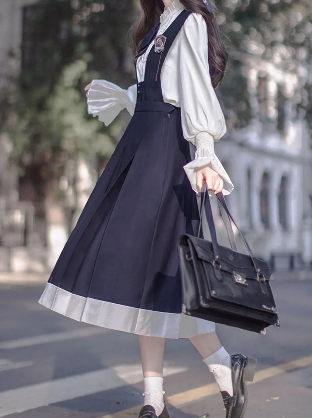 Dress Emblem   Tie   Blouse   Ruffle Retro College Beret Cyan Style Elegant Chiffon