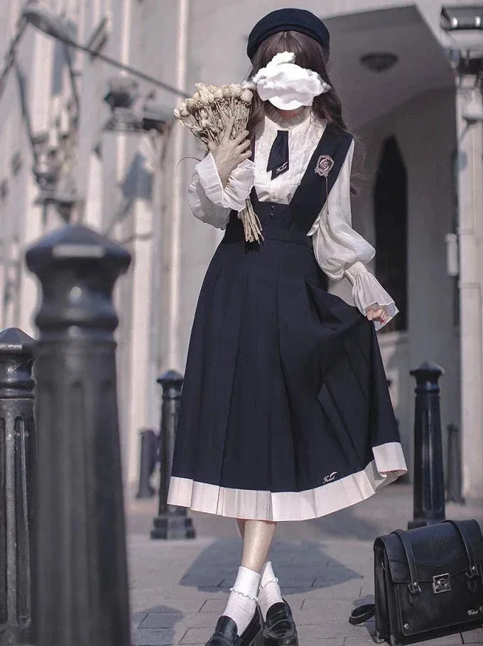 Dress Emblem   Tie   Blouse   Ruffle Retro College Beret Cyan Style Elegant Chiffon