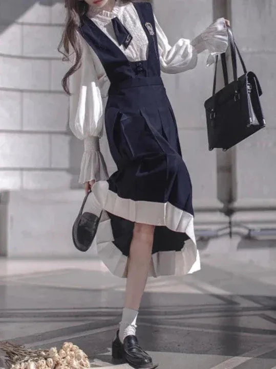 Dress Emblem   Tie   Blouse   Ruffle Retro College Beret Cyan Style Elegant Chiffon