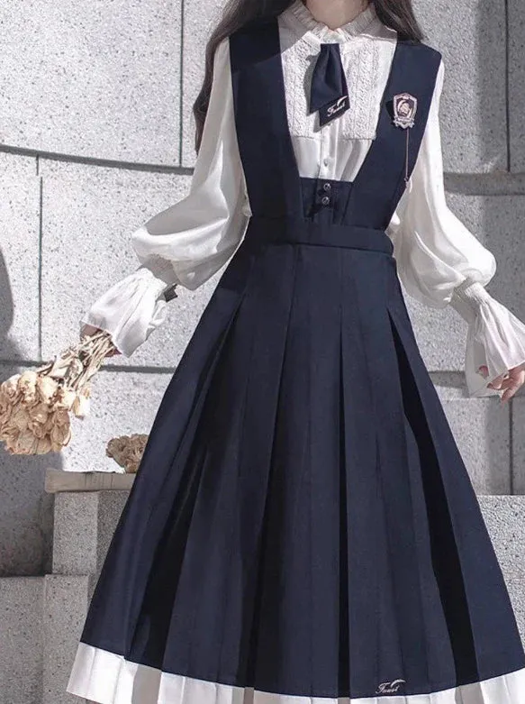 Dress Emblem   Tie   Blouse   Ruffle Retro College Beret Cyan Style Elegant Chiffon
