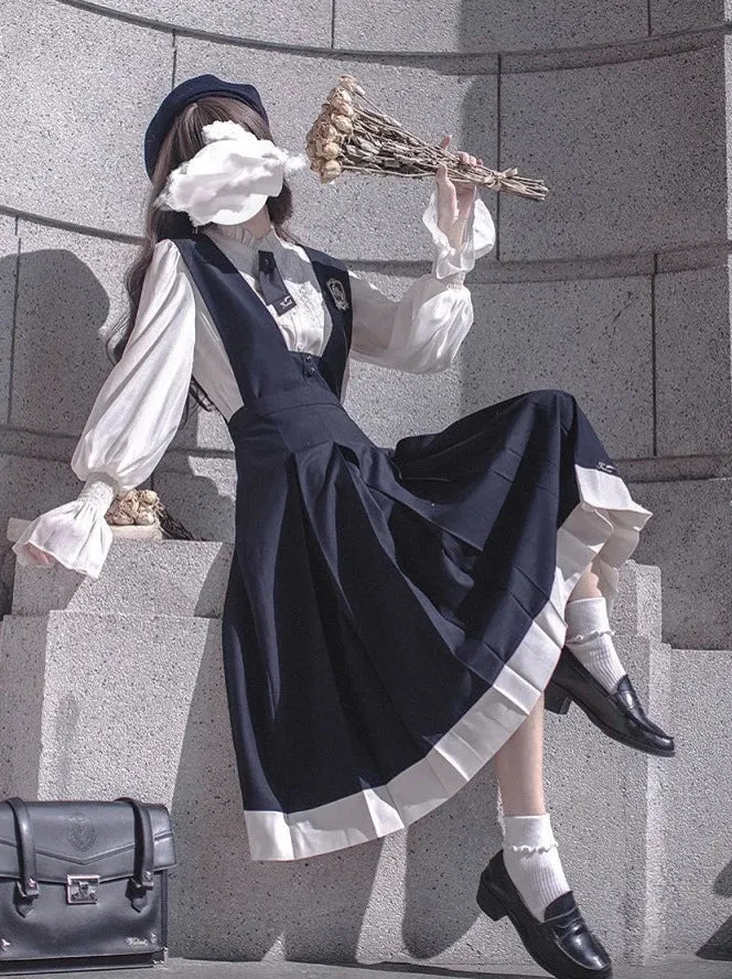 Dress Emblem   Tie   Blouse   Ruffle Retro College Beret Cyan Style Elegant Chiffon