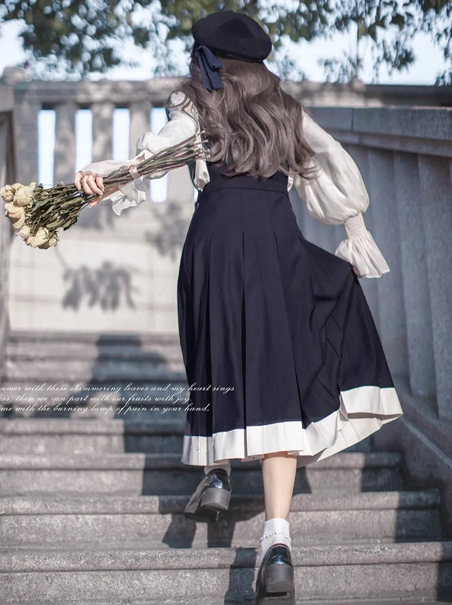 Dress Emblem   Tie   Blouse   Ruffle Retro College Beret Cyan Style Elegant Chiffon