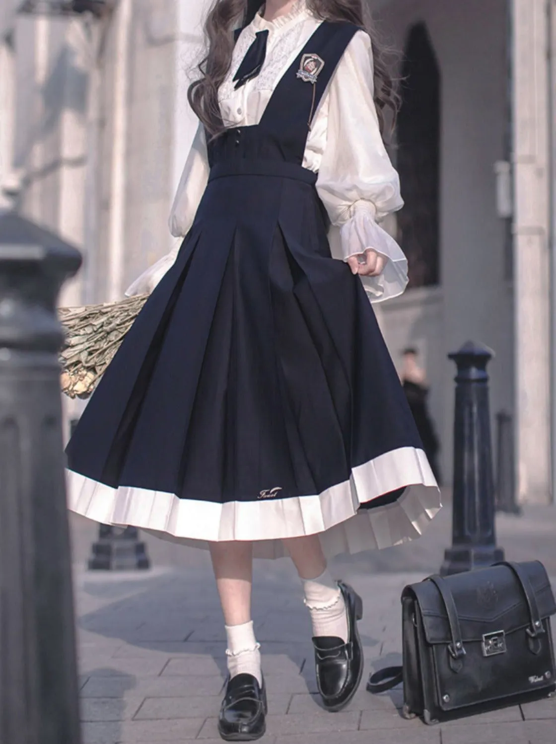 Dress Emblem   Tie   Blouse   Ruffle Retro College Beret Cyan Style Elegant Chiffon