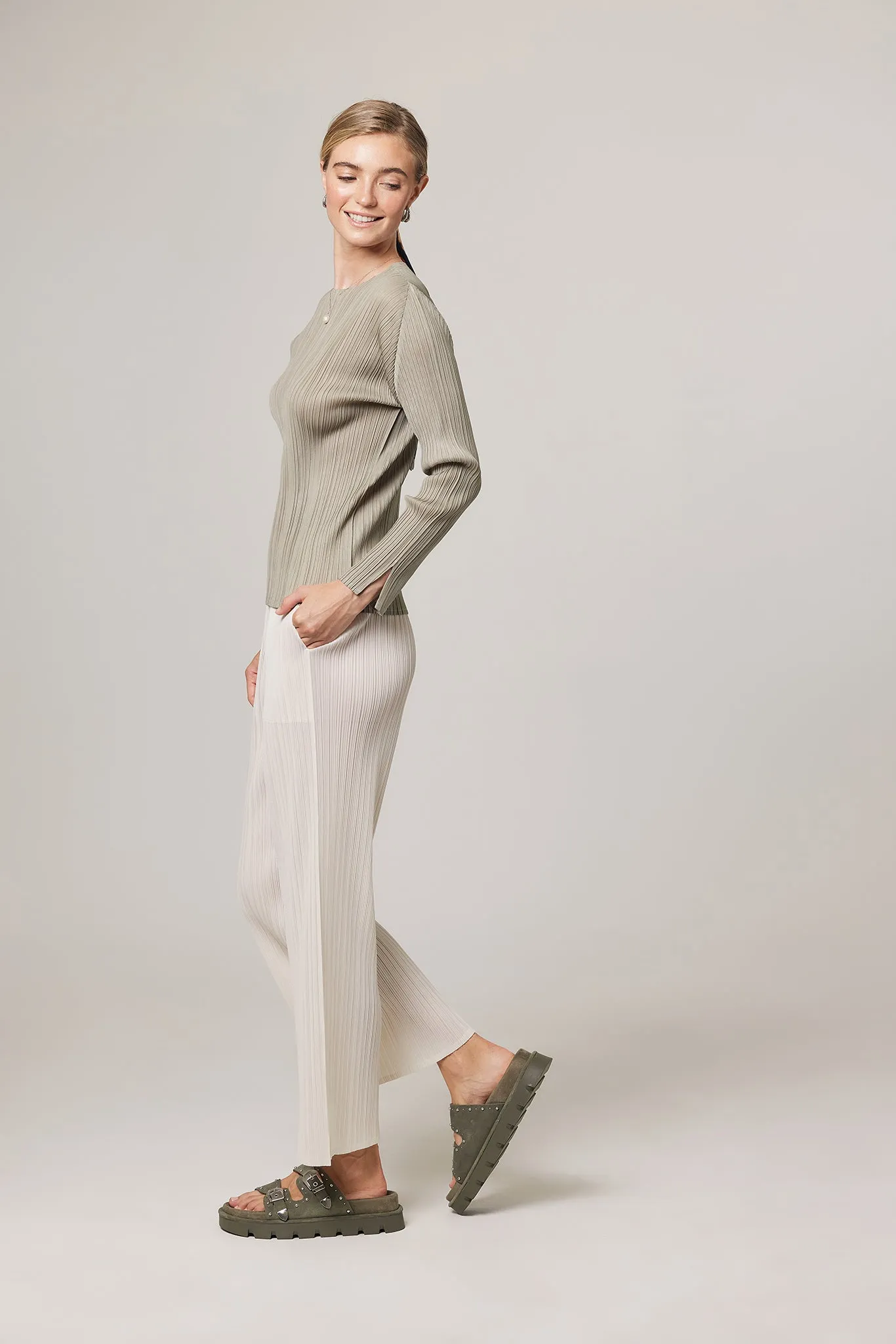 Evelyn Long Sleeve Plissé Satin Top