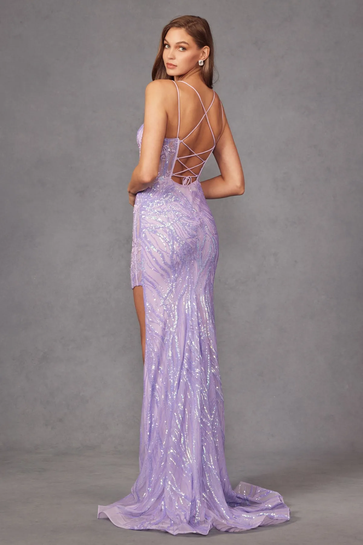Fitted Sequin Lace Embellishments And High Slit Long Prom Dress JTJT2473R