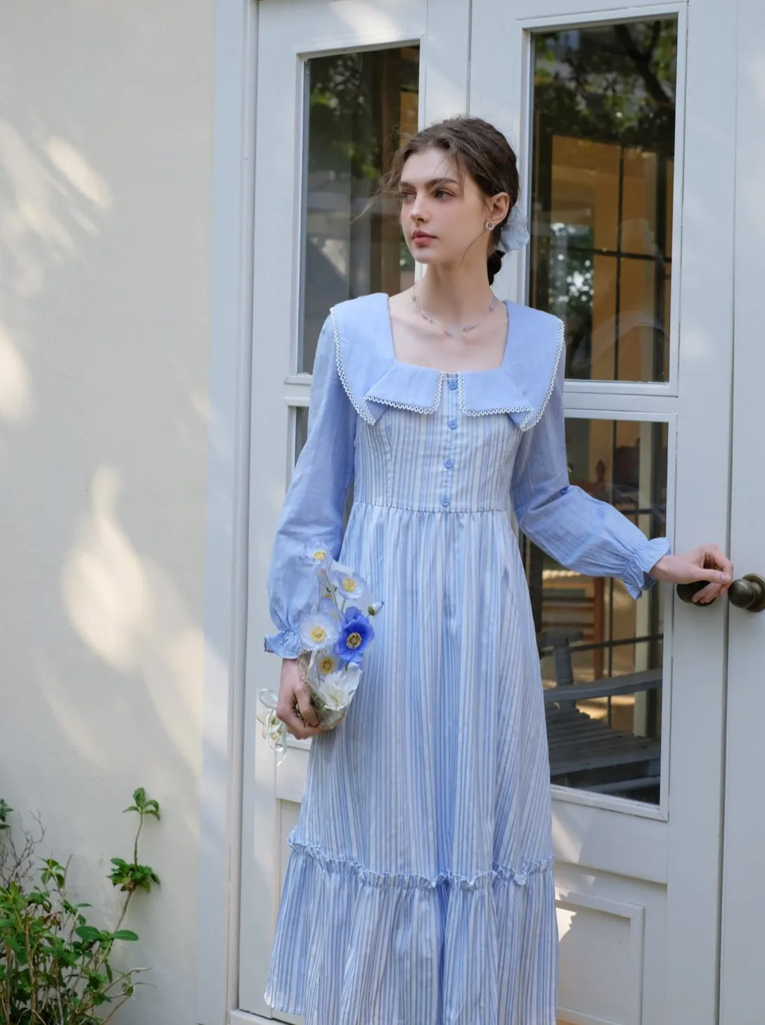 French Striped Ruffle Queen Lapel Sunny Dress Coast