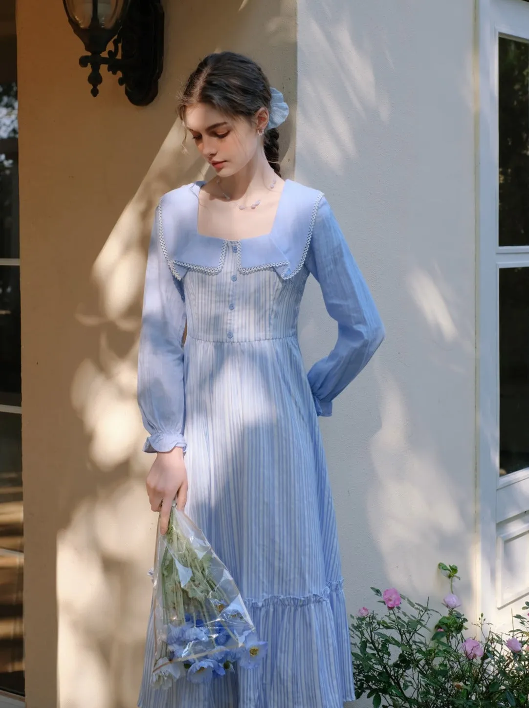 French Striped Ruffle Queen Lapel Sunny Dress Coast