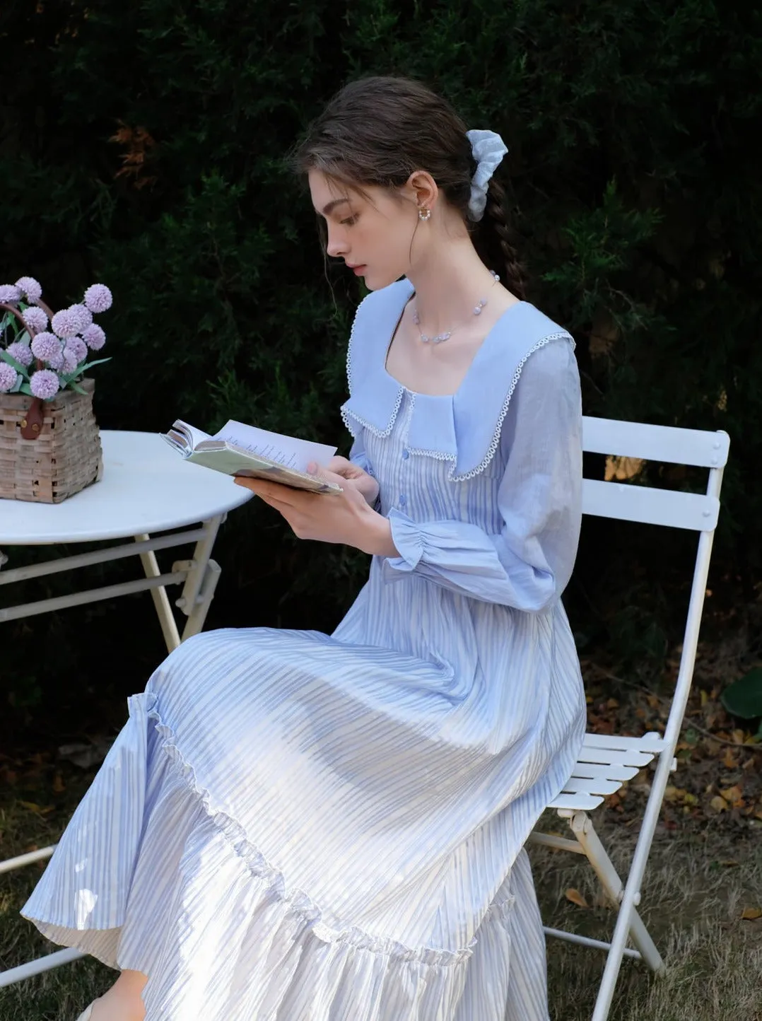 French Striped Ruffle Queen Lapel Sunny Dress Coast