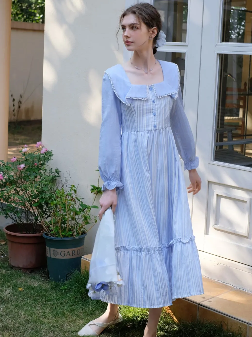 French Striped Ruffle Queen Lapel Sunny Dress Coast