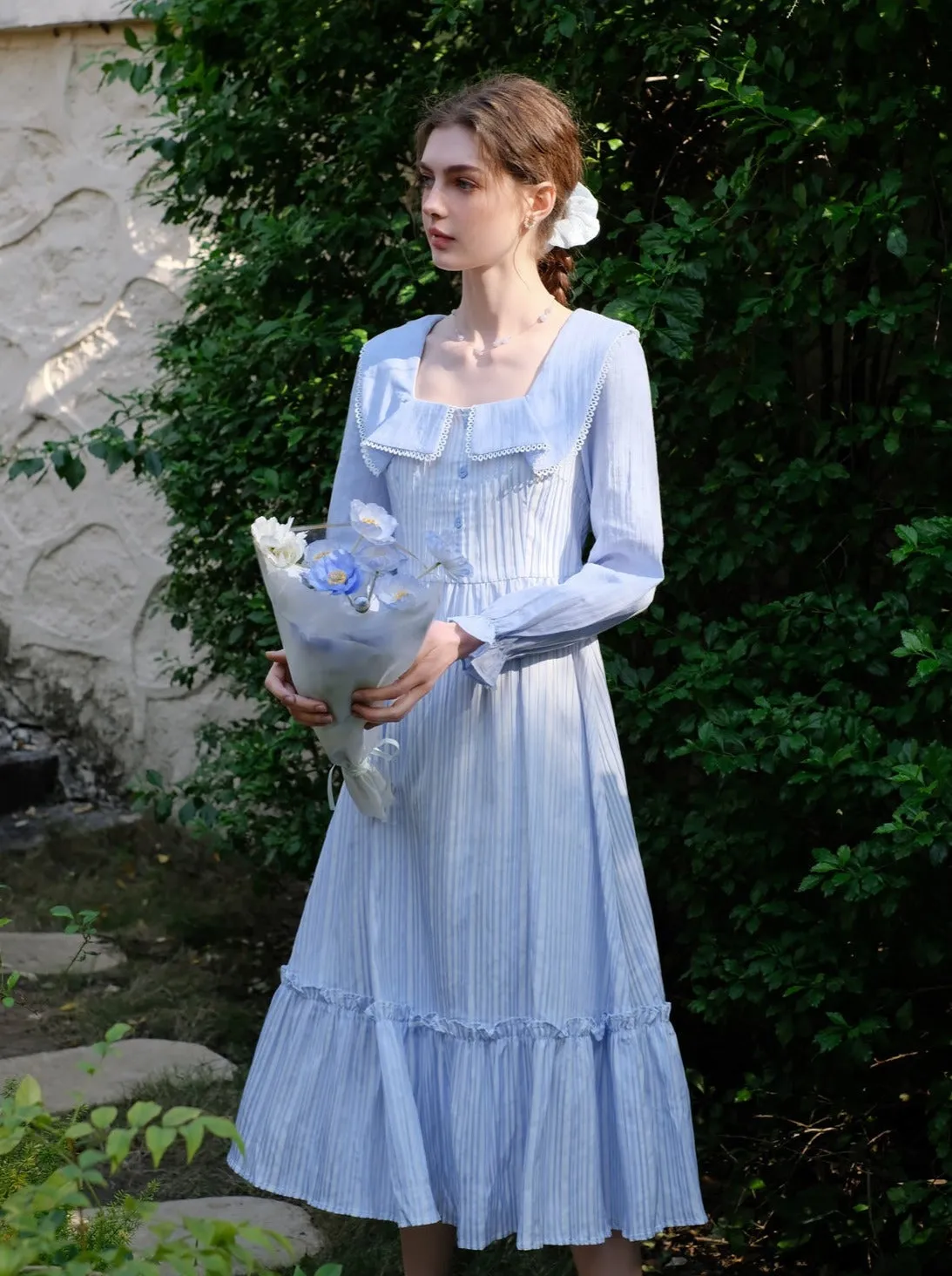 French Striped Ruffle Queen Lapel Sunny Dress Coast