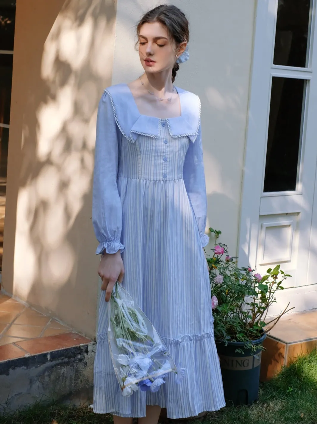 French Striped Ruffle Queen Lapel Sunny Dress Coast