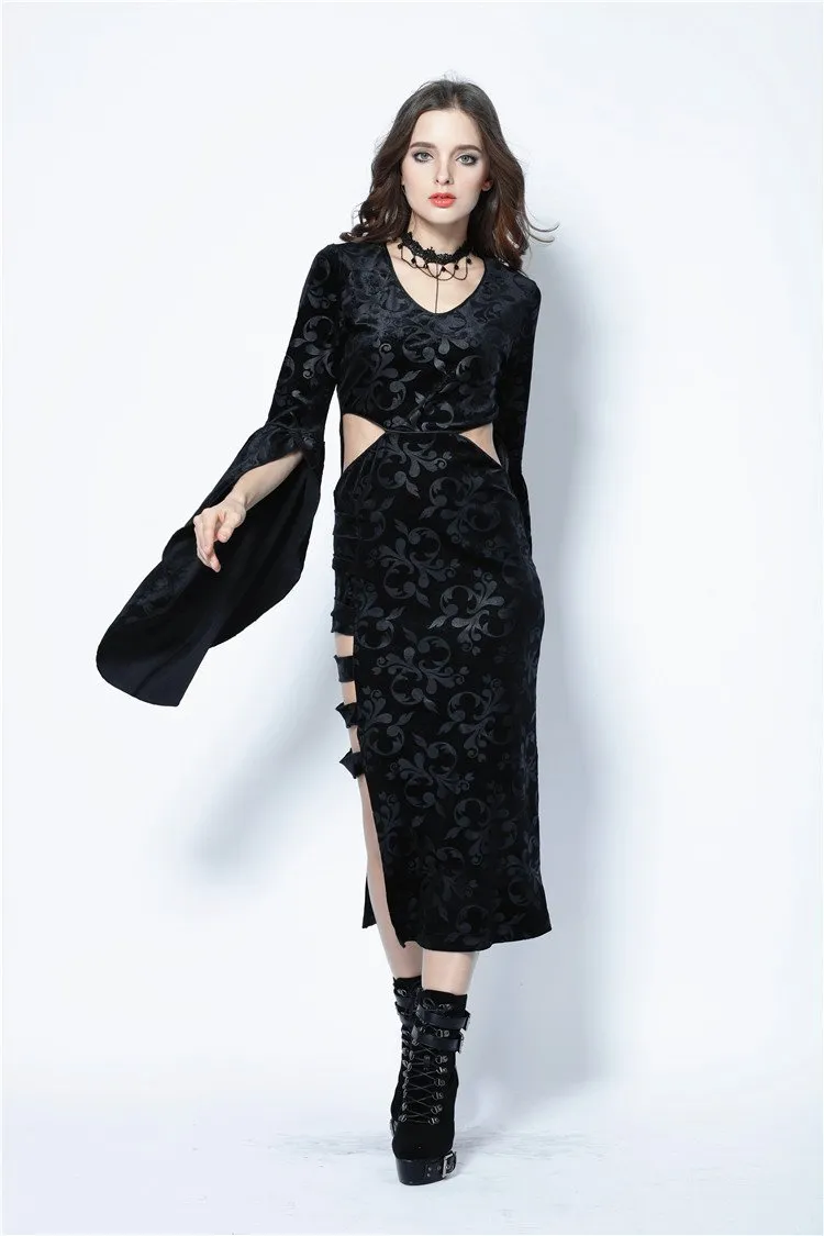 Gothic flocking long dress with triangle on waist DW108