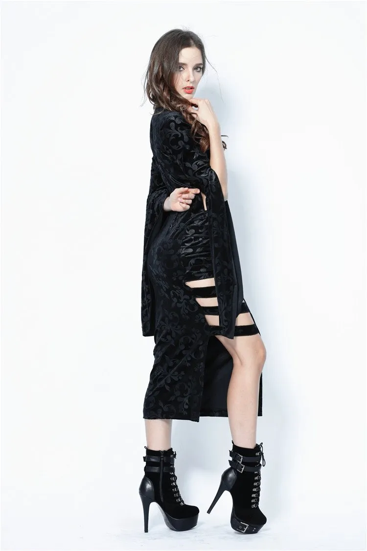 Gothic flocking long dress with triangle on waist DW108