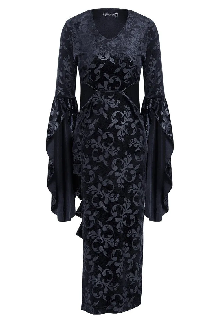 Gothic flocking long dress with triangle on waist DW108