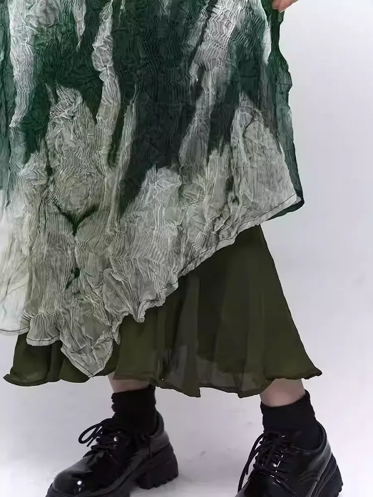 Gradient Green Asymmetrical Hem Ruffled Spaghetti Strap Dress