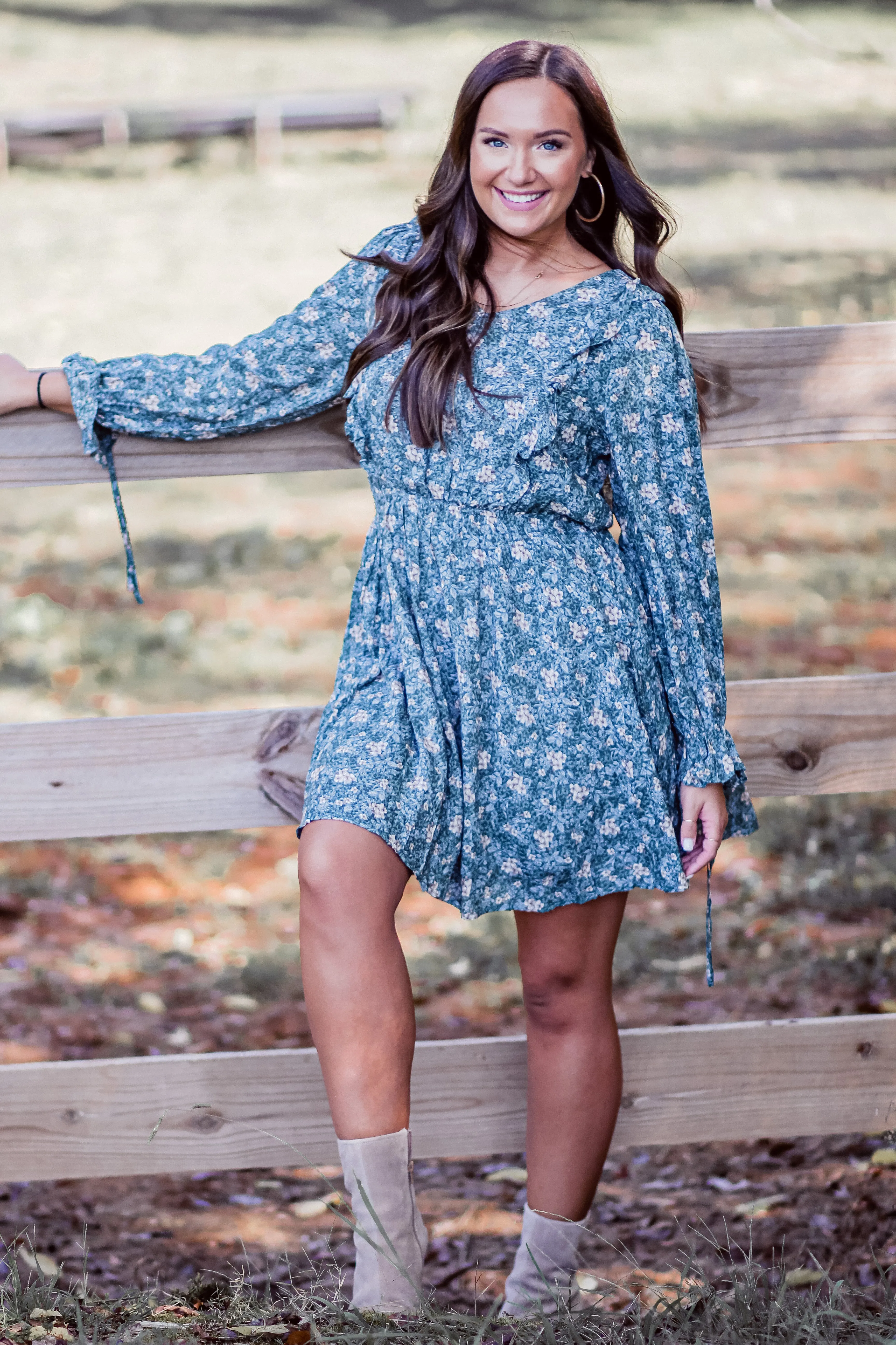 Green Floral Ruffle Detail V Neck Mini Dress