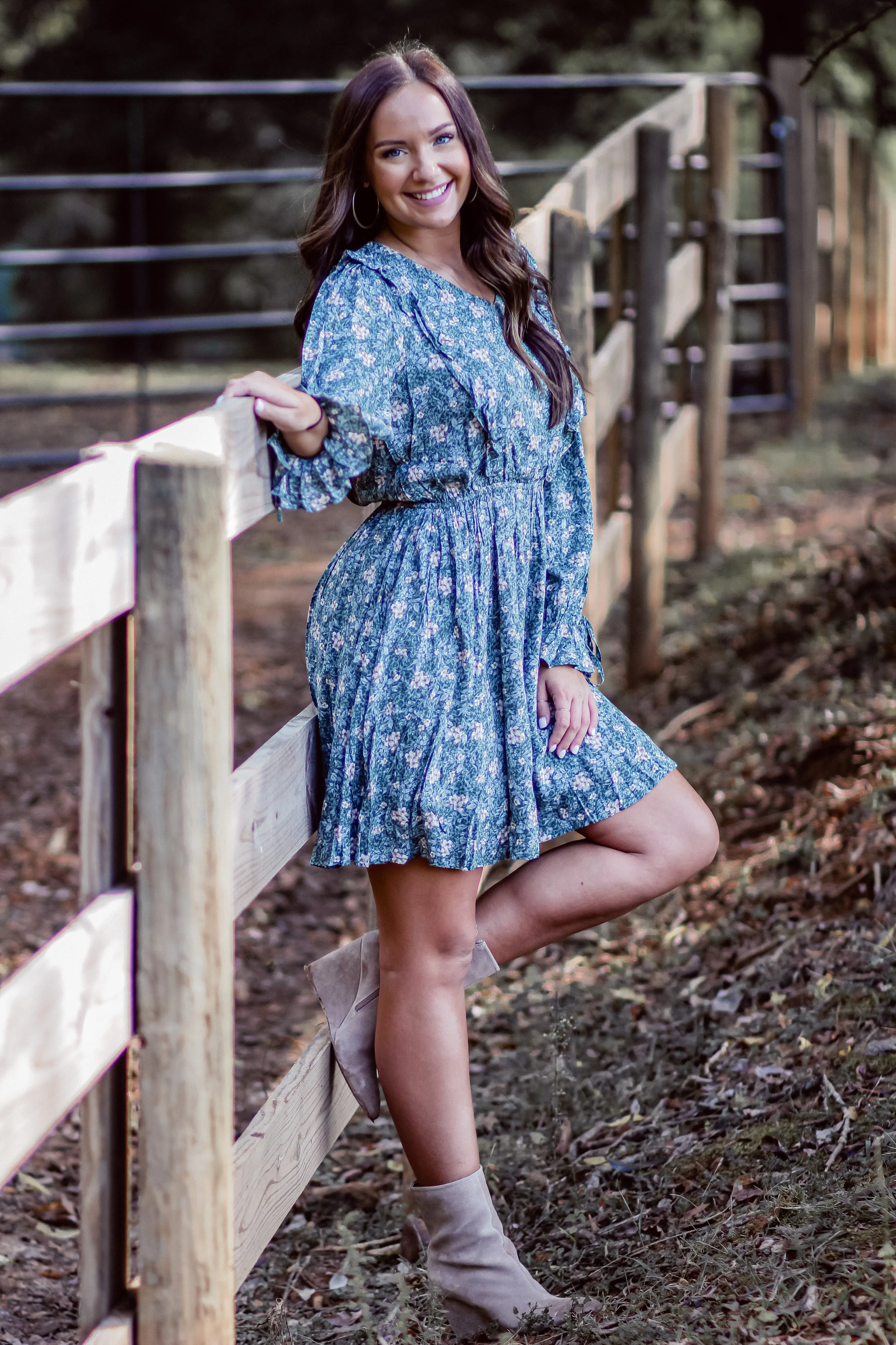 Green Floral Ruffle Detail V Neck Mini Dress