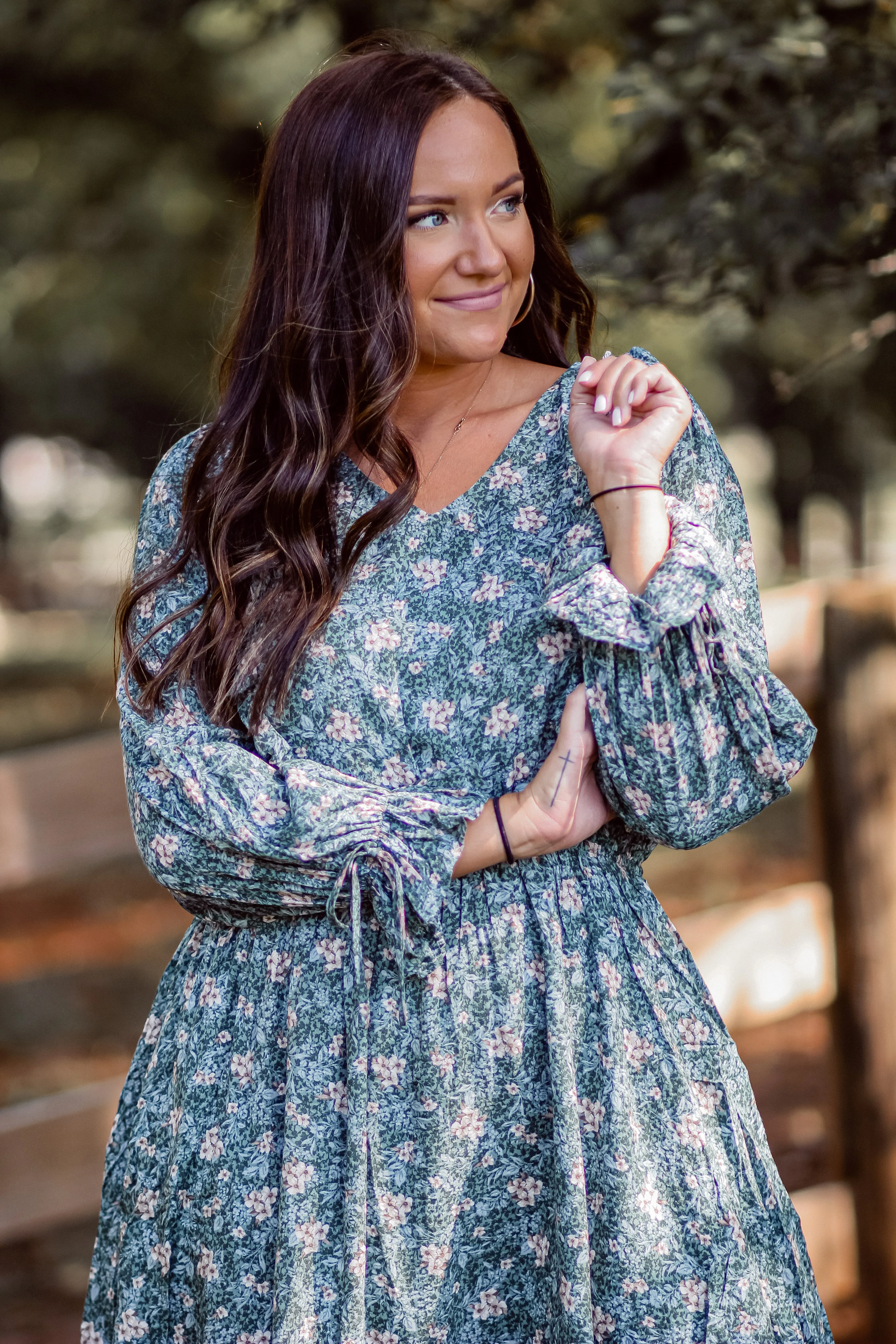 Green Floral Ruffle Detail V Neck Mini Dress