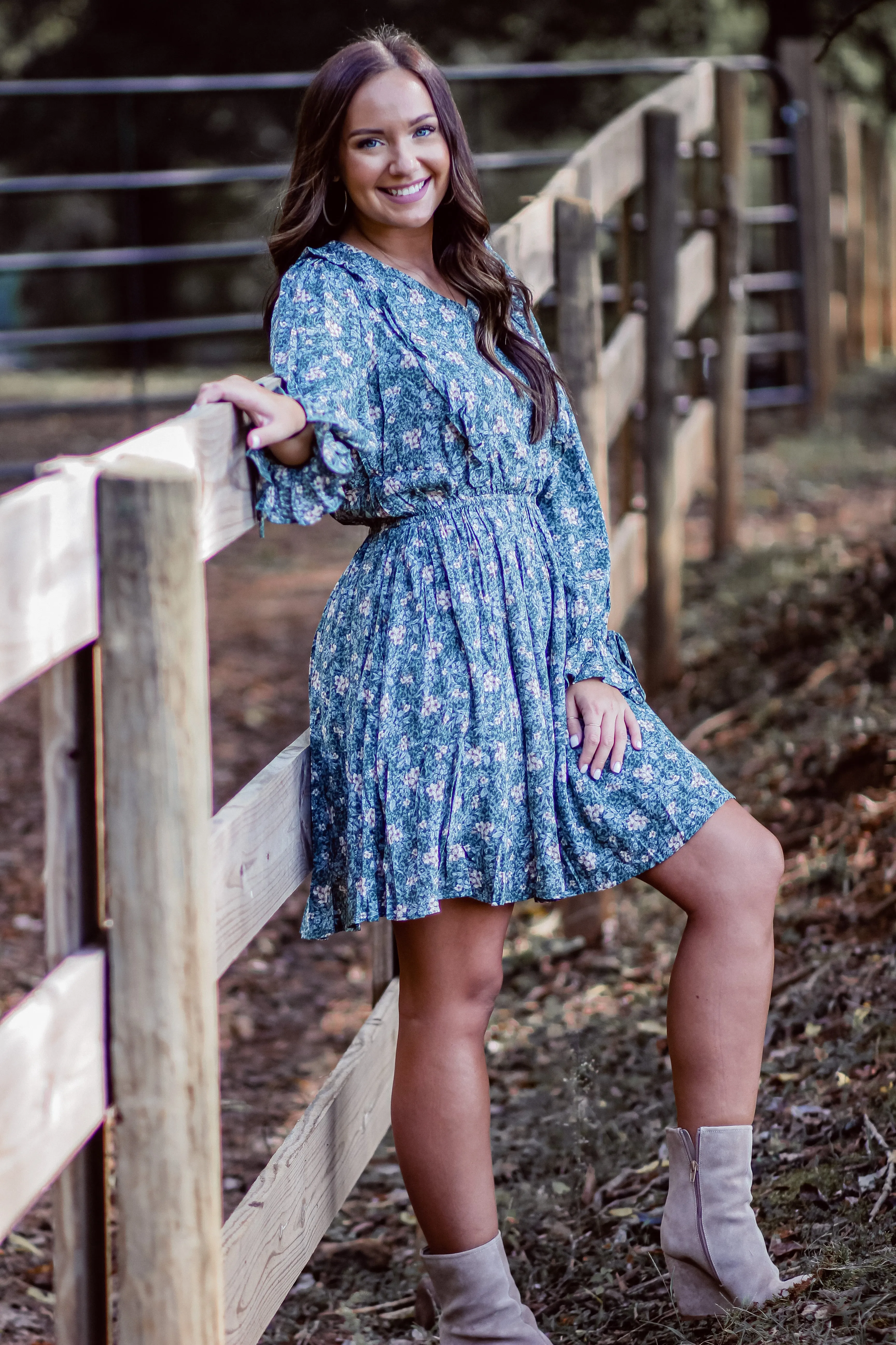 Green Floral Ruffle Detail V Neck Mini Dress