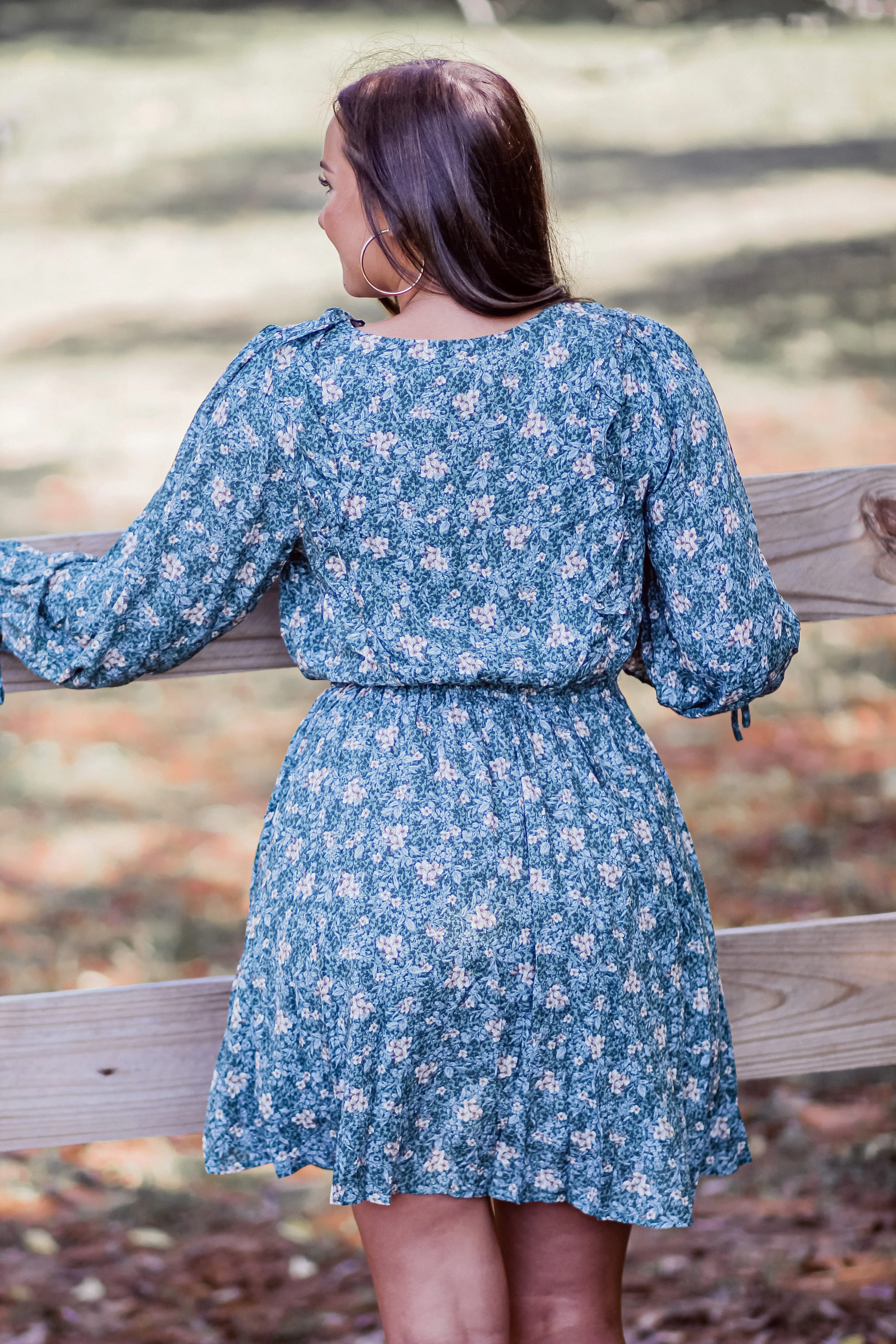 Green Floral Ruffle Detail V Neck Mini Dress