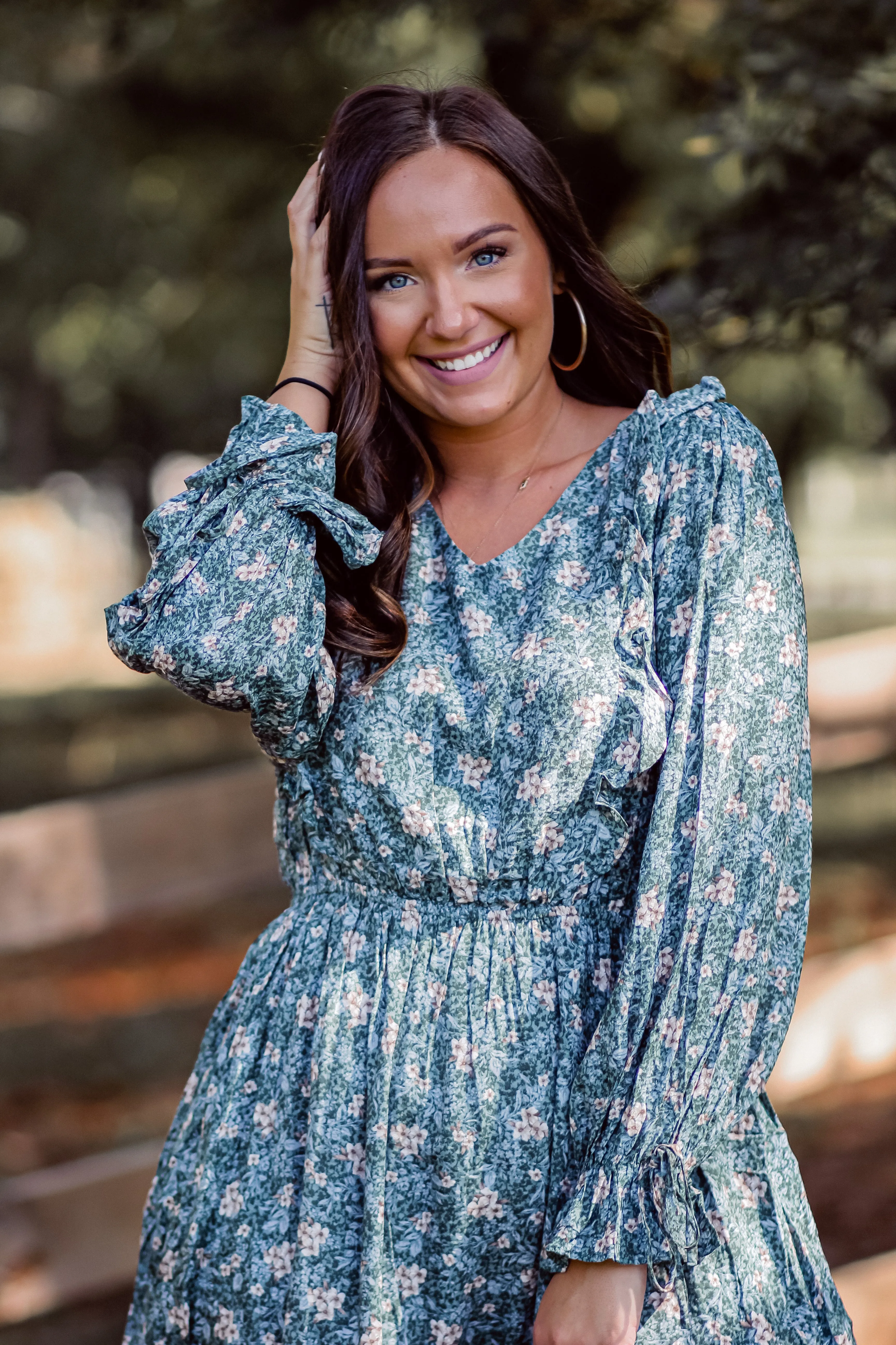 Green Floral Ruffle Detail V Neck Mini Dress