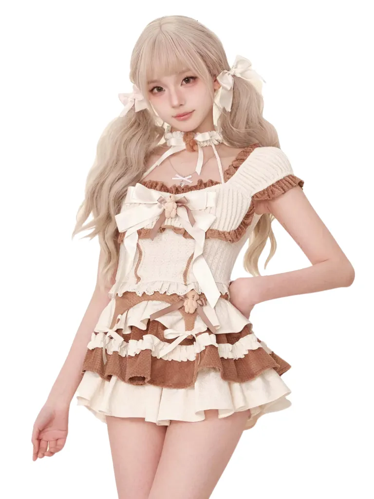 Hazelnut Cake Ribbon   Ruffle Milk Top Skirt