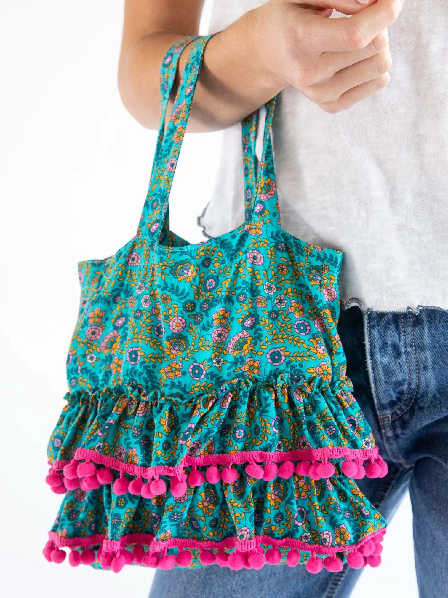 Mini Ruffle Tote Bag - Turquoise Ditsy Vines