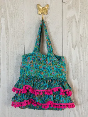 Mini Ruffle Tote Bag - Turquoise Ditsy Vines