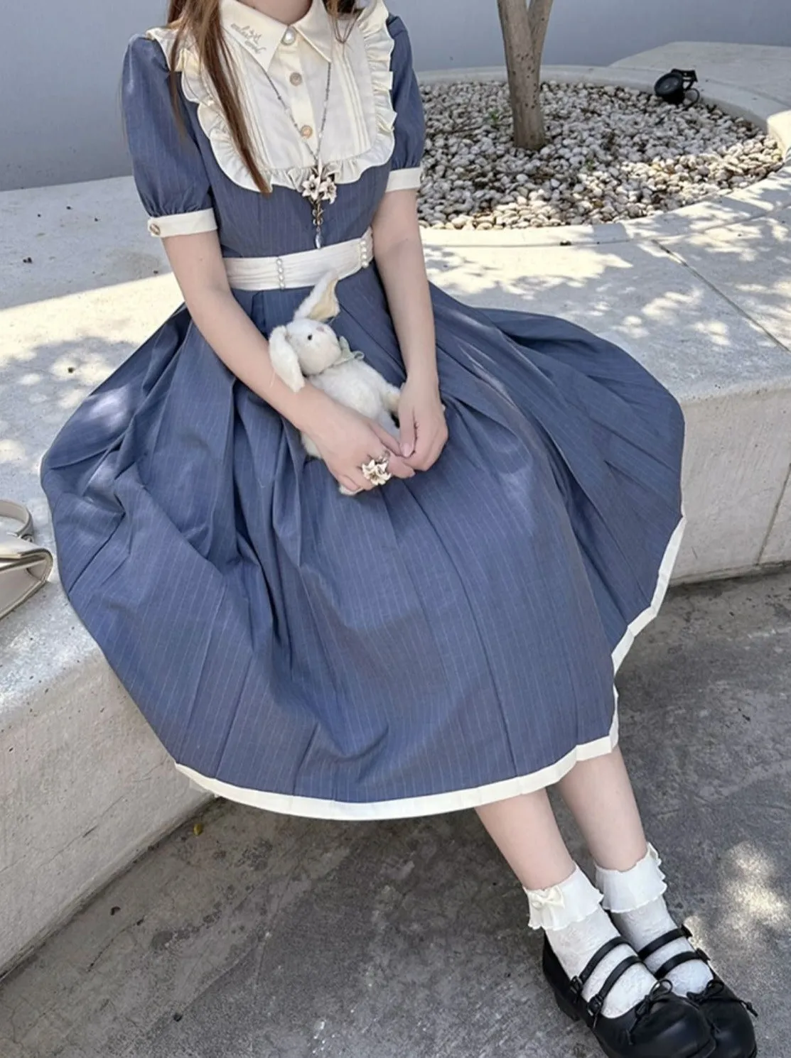 Retro Waist Collar Summer Belt White Dress Ruffle