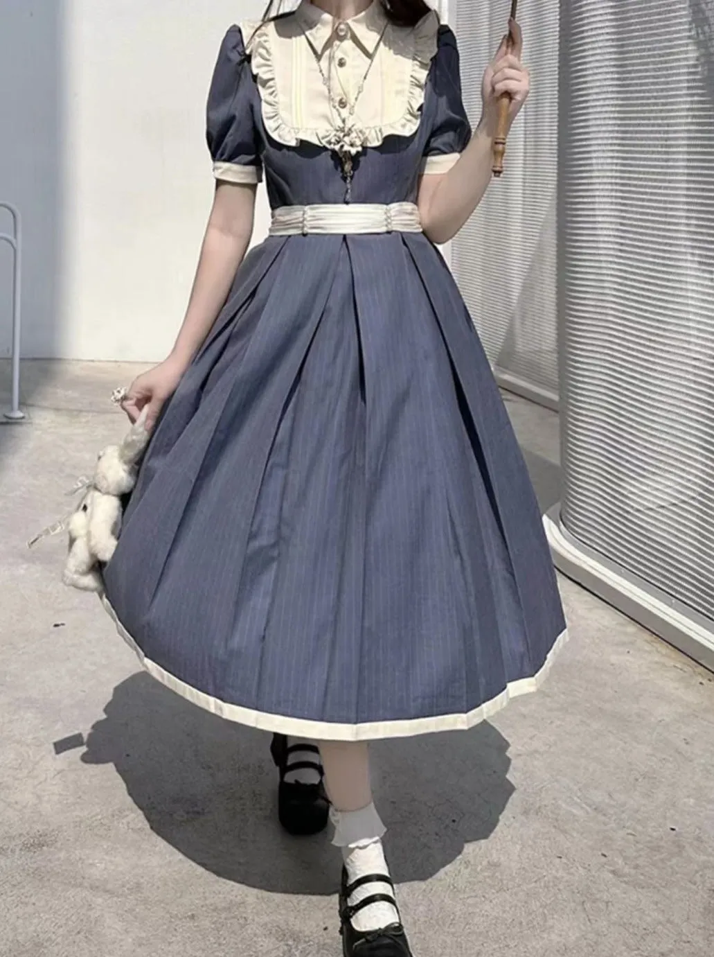 Retro Waist Collar Summer Belt White Dress Ruffle