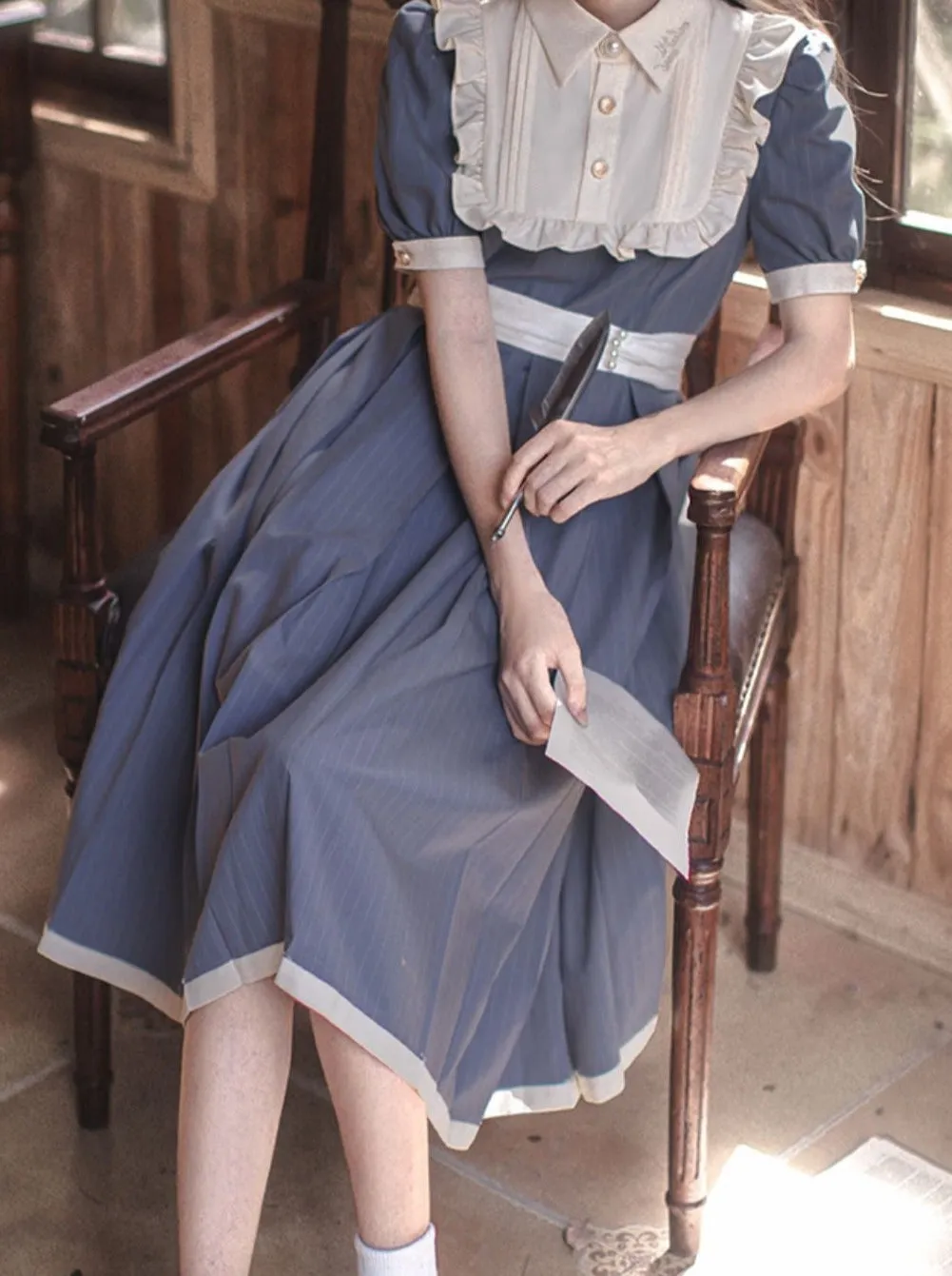 Retro Waist Collar Summer Belt White Dress Ruffle