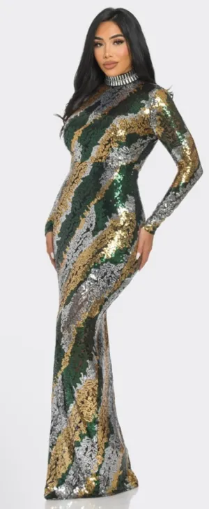 SEQUIN MOCK NECK LONG SLEEVE MAXI DRESS