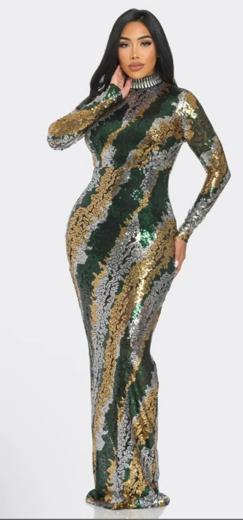 SEQUIN MOCK NECK LONG SLEEVE MAXI DRESS