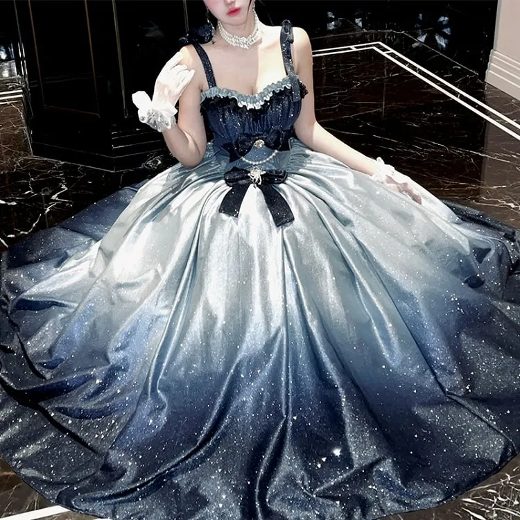 Shimmering Starry Night Gradient Blue Gorgeous Birthday Dress Prom Gown